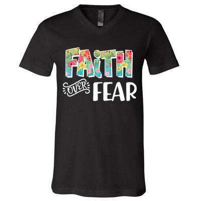 Faith Over Fear Flower Pattern V-Neck T-Shirt