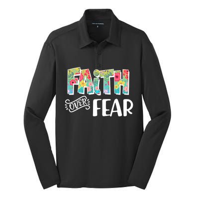 Faith Over Fear Flower Pattern Silk Touch Performance Long Sleeve Polo