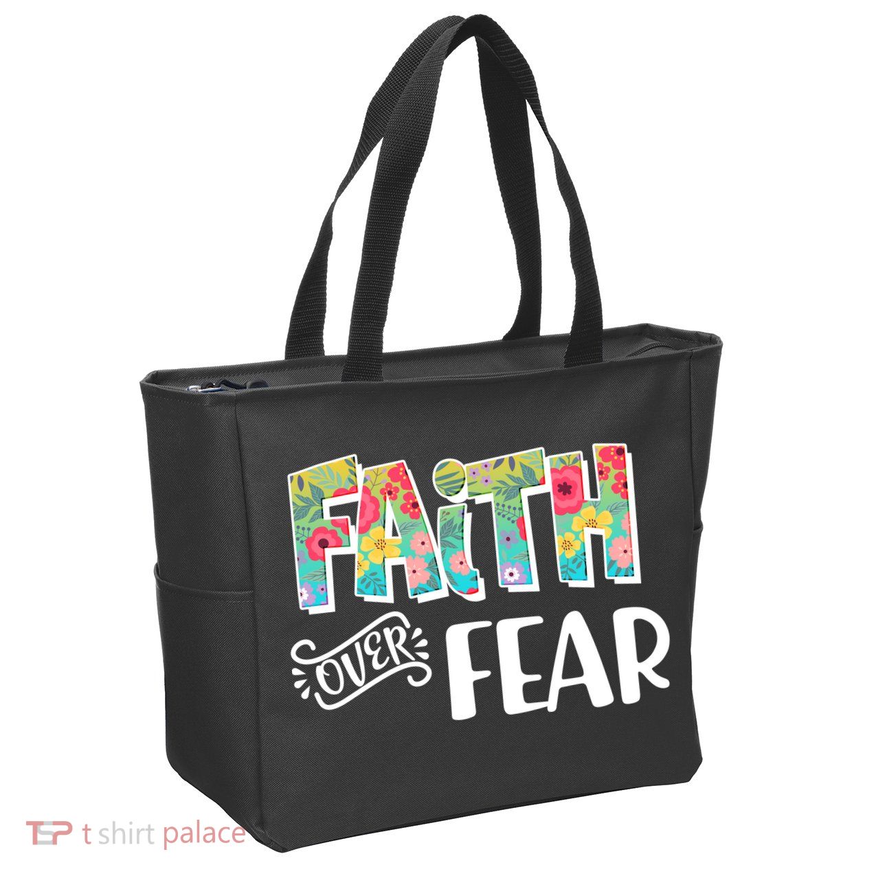 Faith Over Fear Flower Pattern Zip Tote Bag