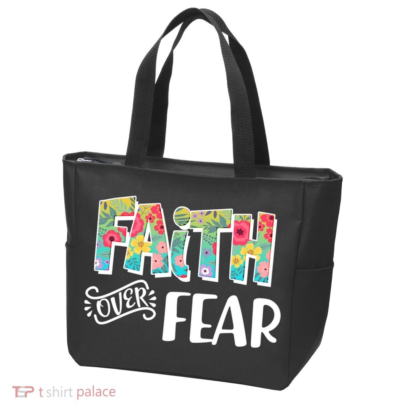 Faith Over Fear Flower Pattern Zip Tote Bag