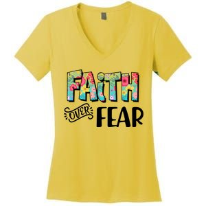 Faith Over Fear Flower Pattern Women's V-Neck T-Shirt