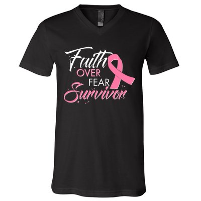 Faith Over Fear Survivor Breast Cancer Awareness V-Neck T-Shirt