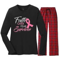 Faith Over Fear Survivor Breast Cancer Awareness Women's Long Sleeve Flannel Pajama Set 