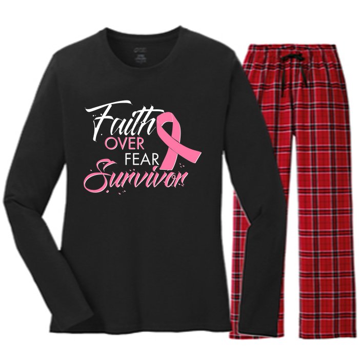 Faith Over Fear Survivor Breast Cancer Awareness Women's Long Sleeve Flannel Pajama Set 