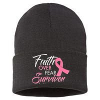 Faith Over Fear Survivor Breast Cancer Awareness Sustainable Knit Beanie