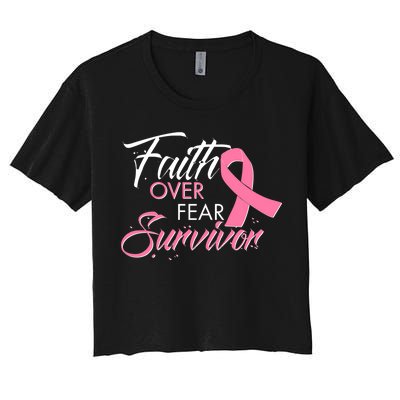 Faith Over Fear Survivor Breast Cancer Awareness Women's Crop Top Tee