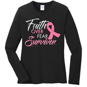 Faith Over Fear Survivor Breast Cancer Awareness Ladies Long Sleeve Shirt