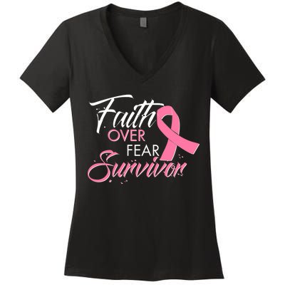 Faith Over Fear Survivor Breast Cancer Awareness Women's V-Neck T-Shirt