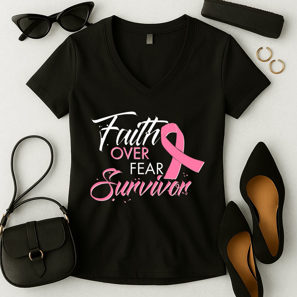 Faith Over Fear Survivor Breast Cancer Awareness Women's V-Neck T-Shirt