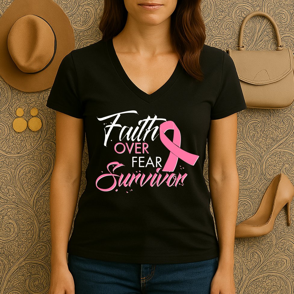 Faith Over Fear Survivor Breast Cancer Awareness Women's V-Neck T-Shirt
