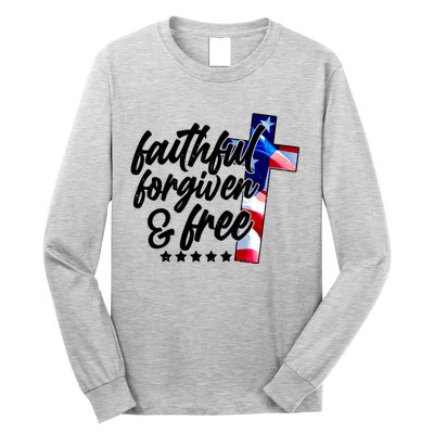 Faithful Forgiven and Free USA American Flag Cross Long Sleeve Shirt