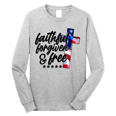 Faithful Forgiven and Free USA American Flag Cross Long Sleeve Shirt