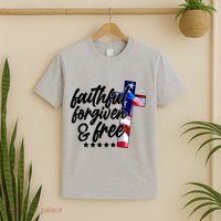 Faithful Forgiven and Free USA American Flag Cross T-Shirt