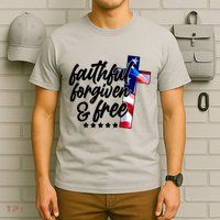 Faithful Forgiven and Free USA American Flag Cross T-Shirt