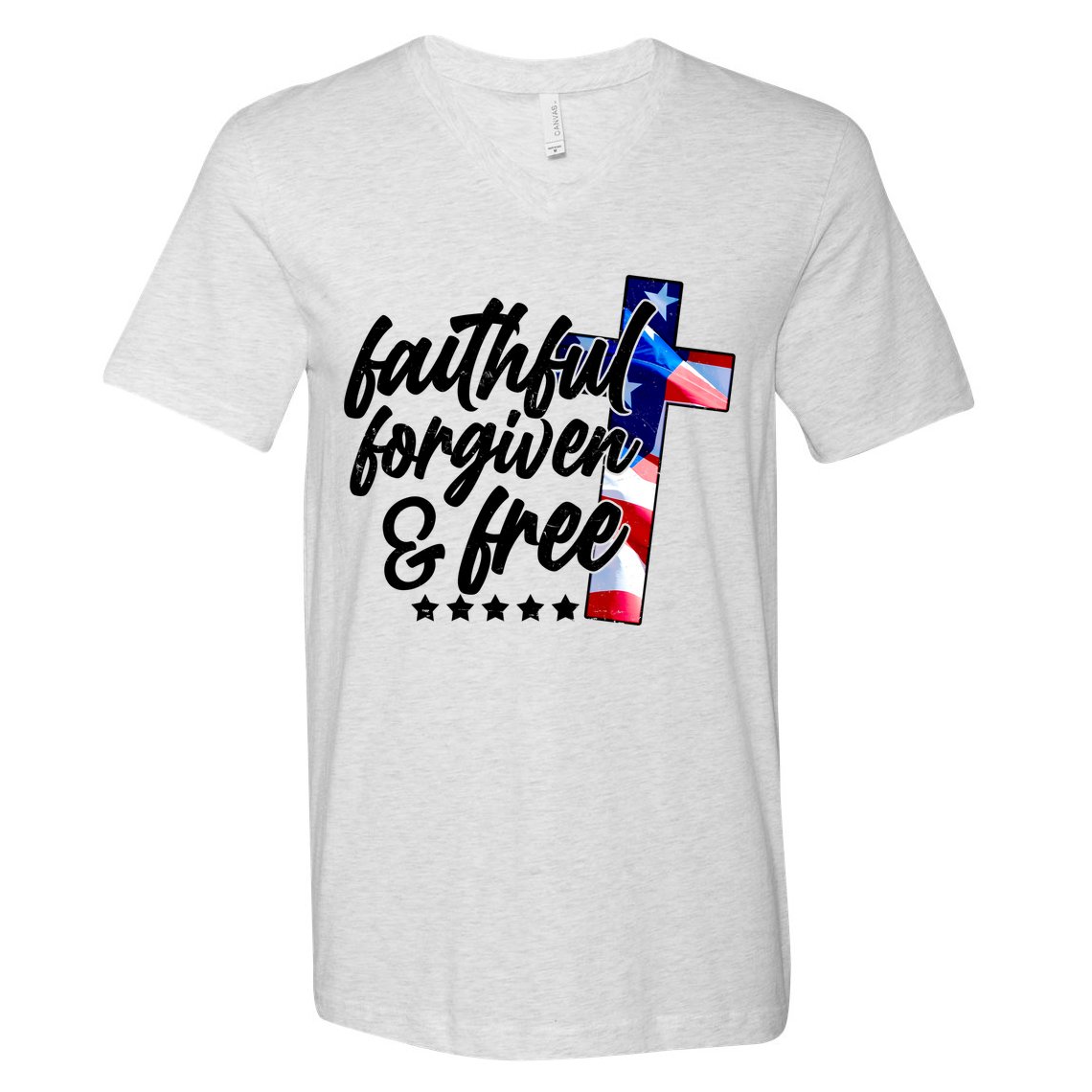 Faithful Forgiven and Free USA American Flag Cross V-Neck T-Shirt