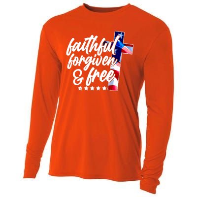 Faithful Forgiven and Free USA American Flag Cross Cooling Performance Long Sleeve Crew