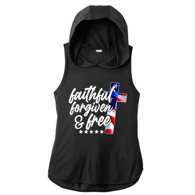 Faithful Forgiven and Free USA American Flag Cross Ladies PosiCharge Tri-Blend Wicking Draft Hoodie Tank