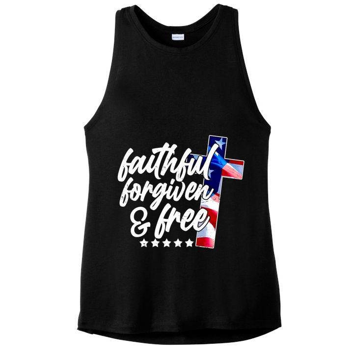 Faithful Forgiven and Free USA American Flag Cross Ladies PosiCharge Tri-Blend Wicking Tank