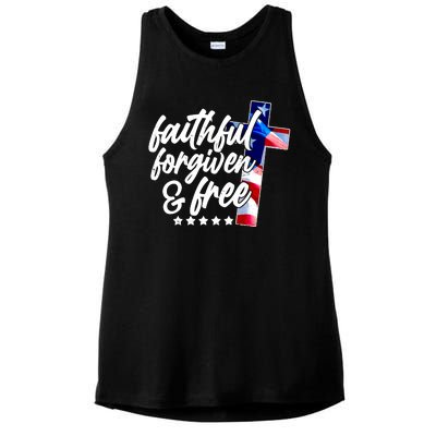 Faithful Forgiven and Free USA American Flag Cross Ladies PosiCharge Tri-Blend Wicking Tank