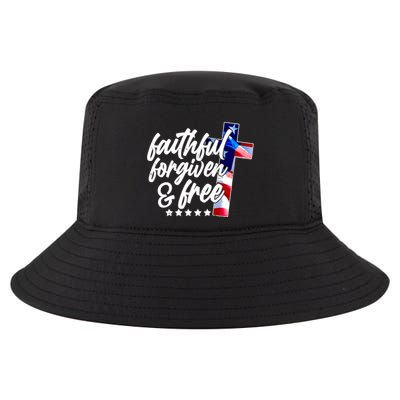 Faithful Forgiven and Free USA American Flag Cross Cool Comfort Performance Bucket Hat