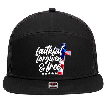 Faithful Forgiven and Free USA American Flag Cross 7 Panel Mesh Trucker Snapback Hat