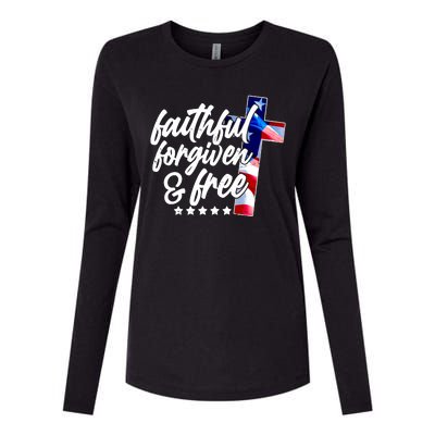 Faithful Forgiven and Free USA American Flag Cross Womens Cotton Relaxed Long Sleeve T-Shirt