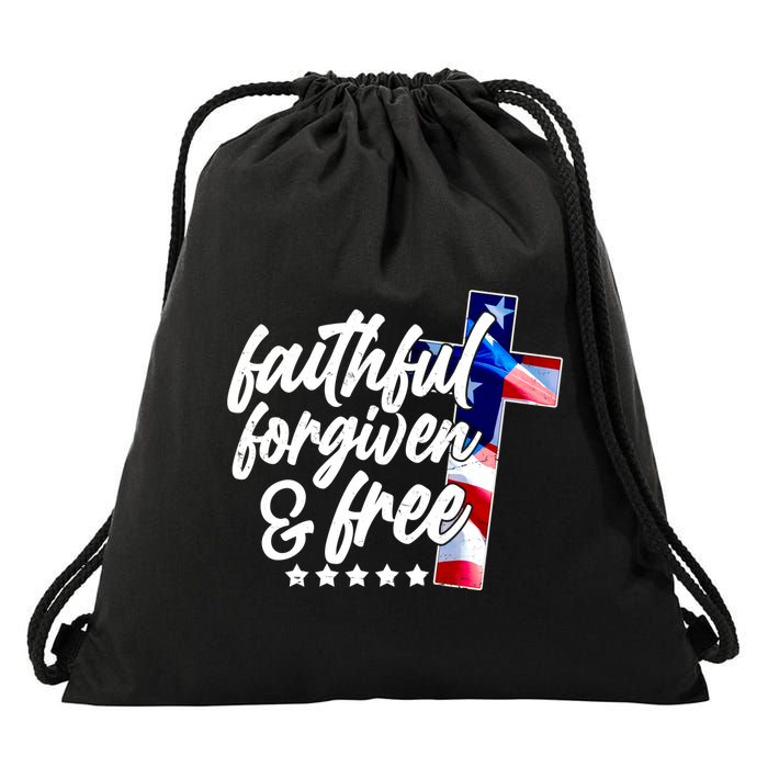 Faithful Forgiven and Free USA American Flag Cross Drawstring Bag