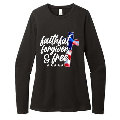 Faithful Forgiven and Free USA American Flag Cross Womens CVC Long Sleeve Shirt