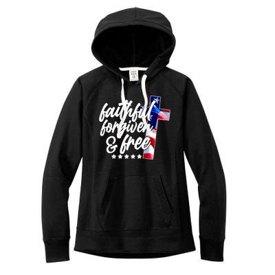 Faithful Forgiven and Free USA American Flag Cross Women's Fleece Hoodie