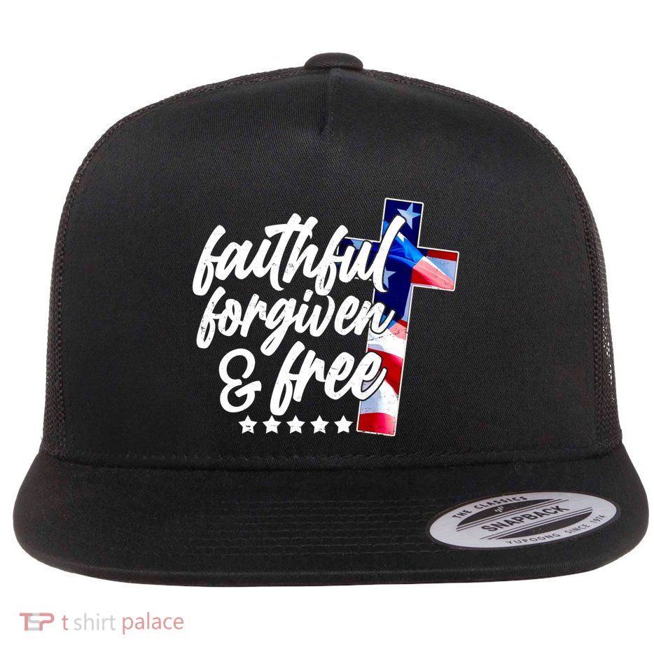 Faithful Forgiven and Free USA American Flag Cross Flat Bill Trucker Hat
