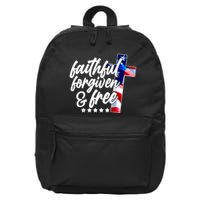 Faithful Forgiven and Free USA American Flag Cross 16 in Basic Backpack