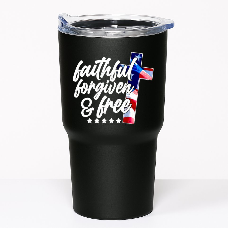 Faithful Forgiven and Free USA American Flag Cross Tumbler