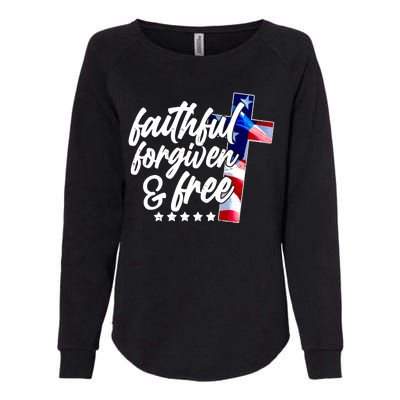 Faithful Forgiven and Free USA American Flag Cross Womens California Wash Sweatshirt