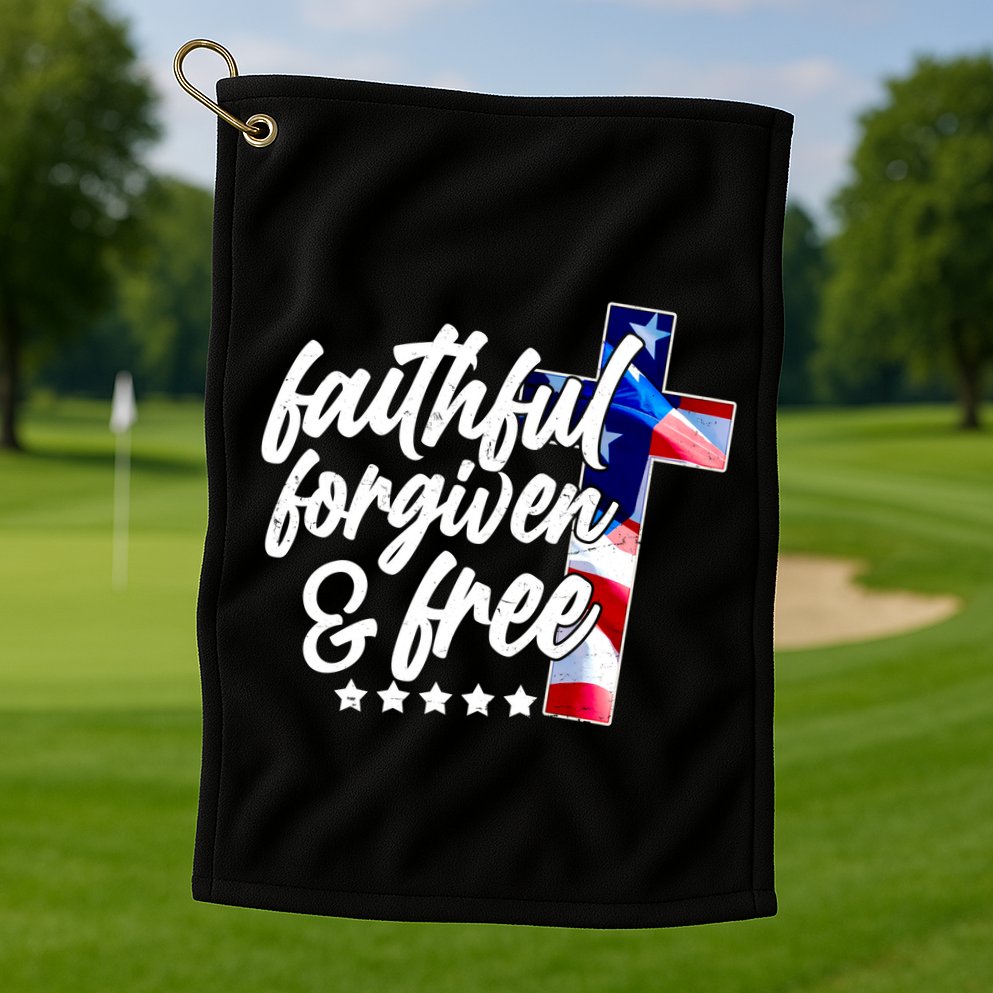 Faithful Forgiven and Free USA American Flag Cross Golf Towel