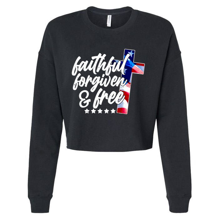 Faithful Forgiven and Free USA American Flag Cross Cropped Pullover Crew