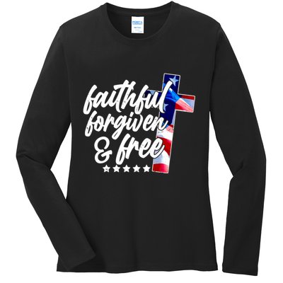 Faithful Forgiven and Free USA American Flag Cross Ladies Long Sleeve Shirt