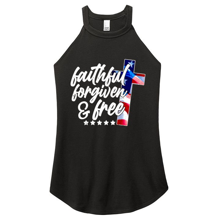 Faithful Forgiven and Free USA American Flag Cross Women's Perfect Tri Rocker Tank