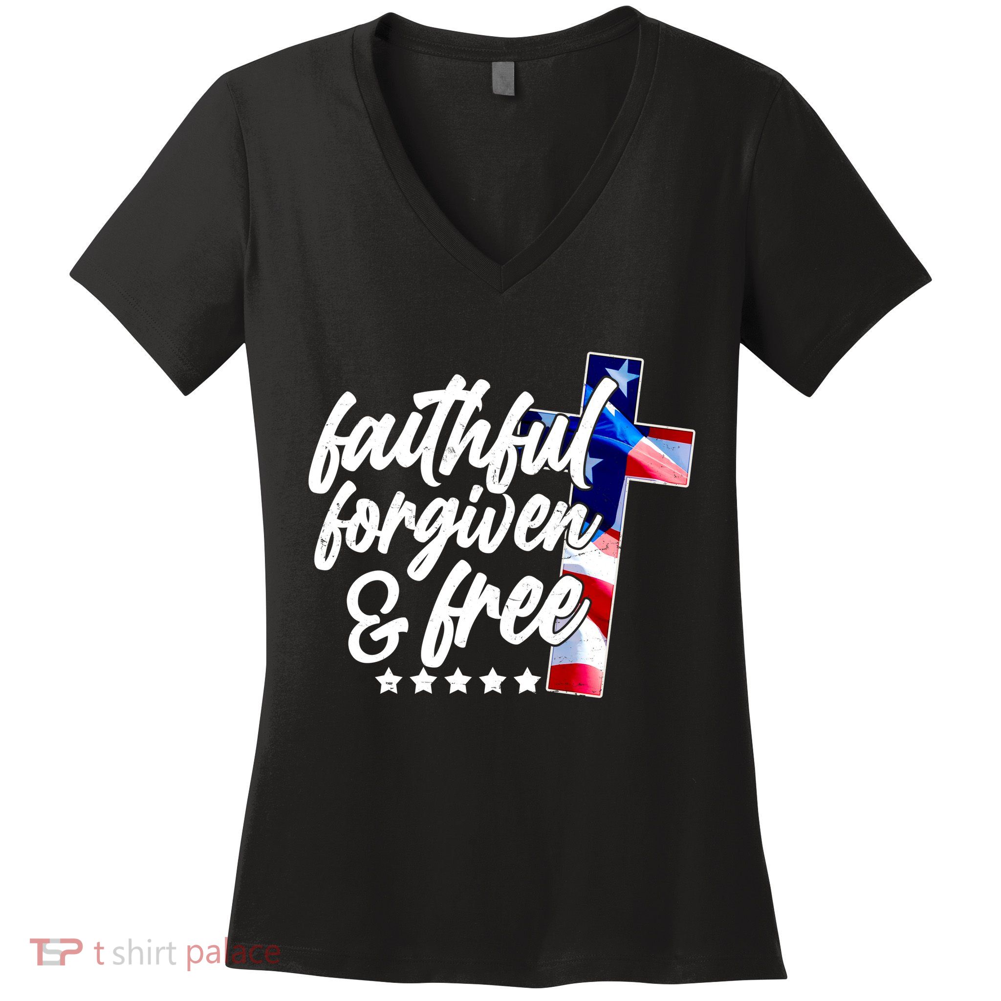 Faithful Forgiven and Free USA American Flag Cross Women's V-Neck T-Shirt