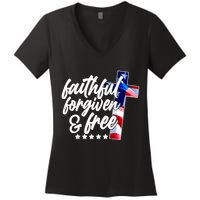 Faithful Forgiven and Free USA American Flag Cross Women's V-Neck T-Shirt