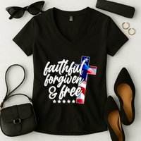 Faithful Forgiven and Free USA American Flag Cross Women's V-Neck T-Shirt