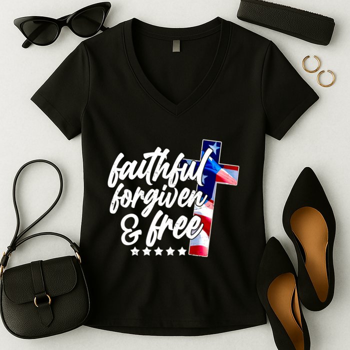 Faithful Forgiven and Free USA American Flag Cross Women's V-Neck T-Shirt