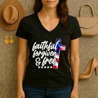 Faithful Forgiven and Free USA American Flag Cross Women's V-Neck T-Shirt