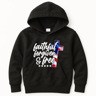 Faithful Forgiven and Free USA American Flag Cross Kids Hoodie