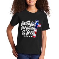 Faithful Forgiven and Free USA American Flag Cross Kids T-Shirt