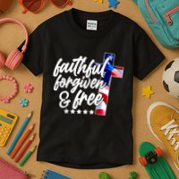 Faithful Forgiven and Free USA American Flag Cross Kids T-Shirt