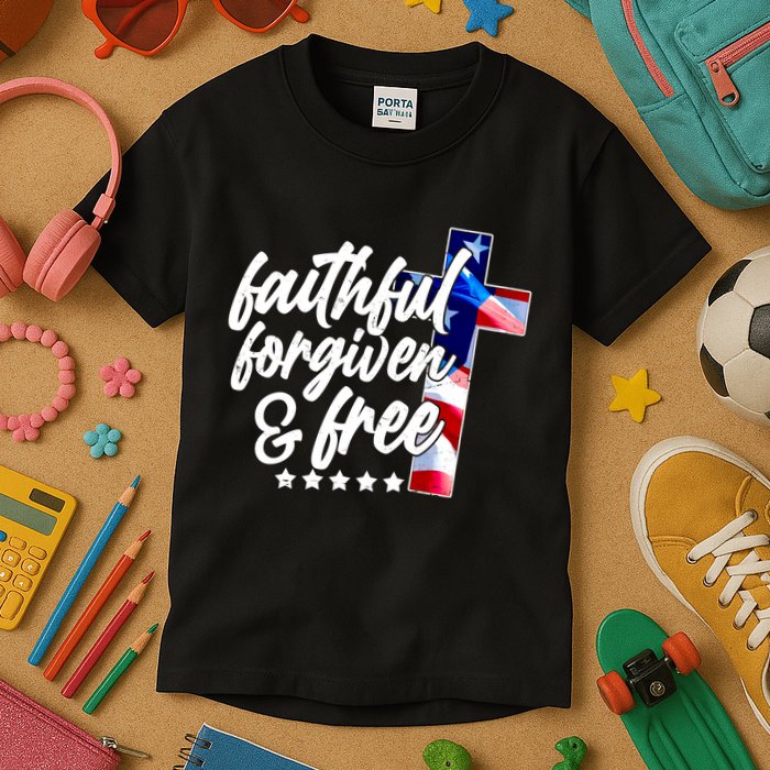 Faithful Forgiven and Free USA American Flag Cross Kids T-Shirt
