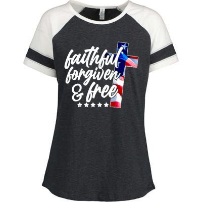 Faithful Forgiven and Free USA American Flag Cross Enza Ladies Jersey Colorblock Tee