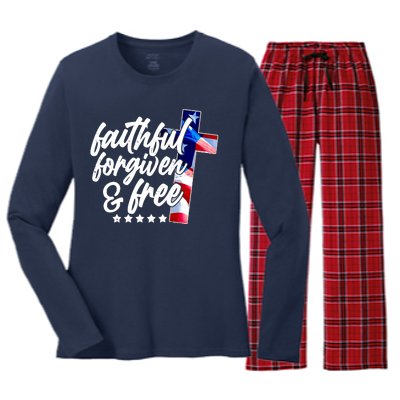 Faithful Forgiven and Free USA American Flag Cross Women's Long Sleeve Flannel Pajama Set 