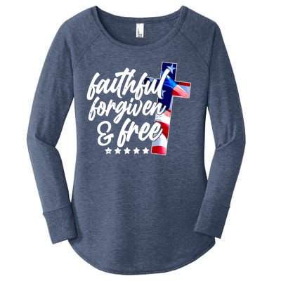 Faithful Forgiven and Free USA American Flag Cross Women's Perfect Tri Tunic Long Sleeve Shirt