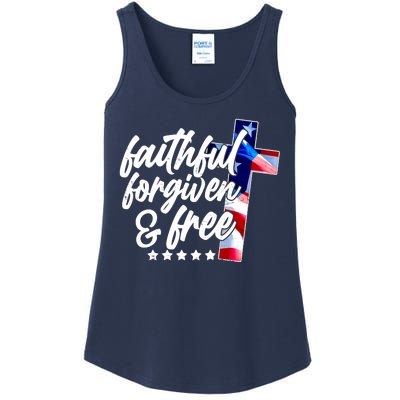 Faithful Forgiven and Free USA American Flag Cross Ladies Essential Tank